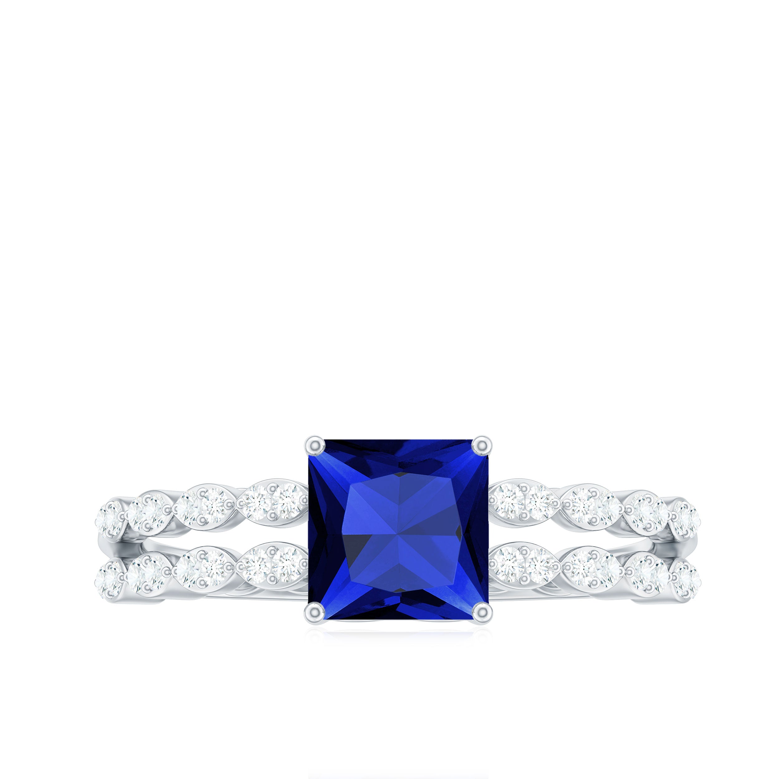 Princess Cut Created Blue Sapphire Double Band Engagement Ring with Diamond Lab Created Blue Sapphire - ( AAAA ) - Quality - Rosec Jewels