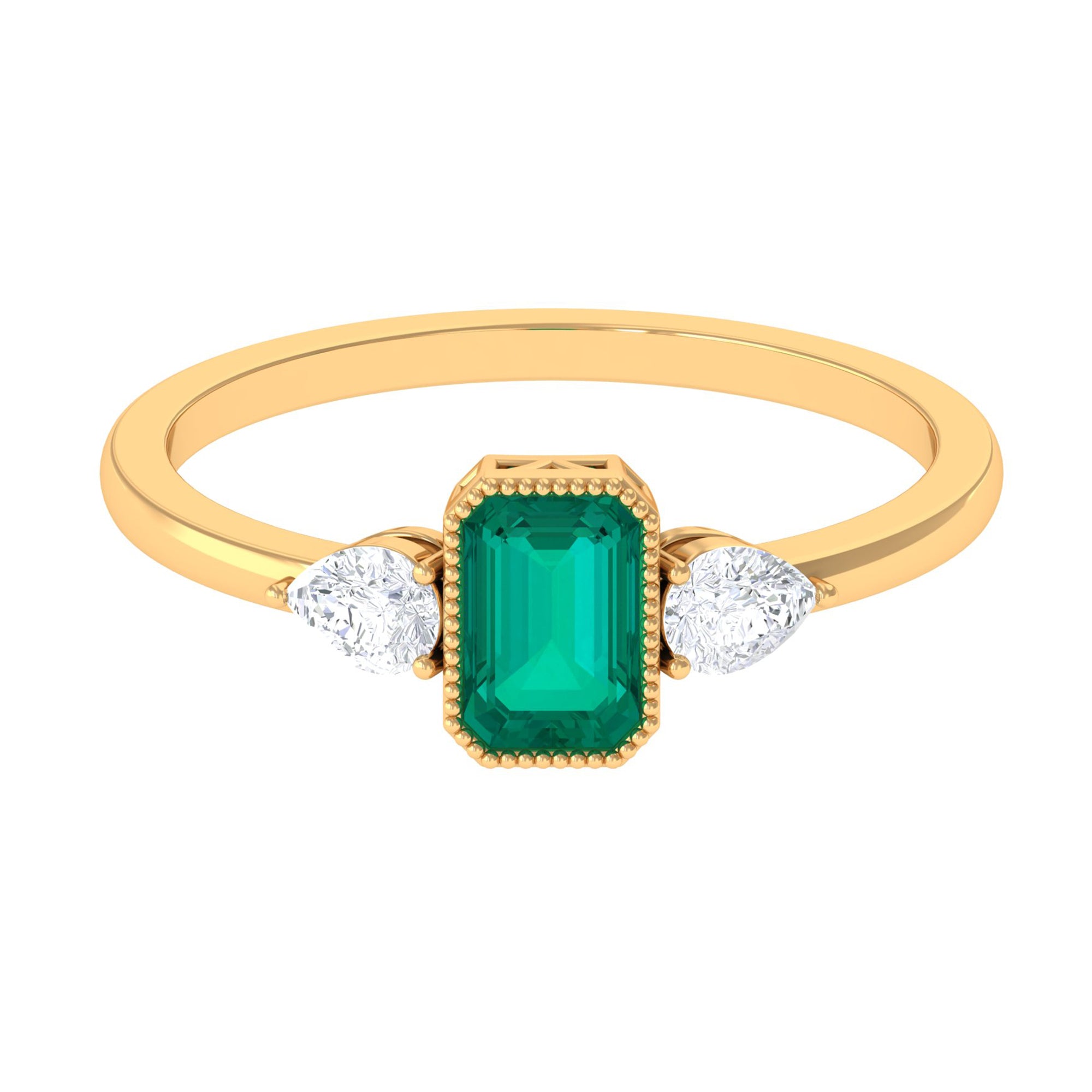 Octagon shape Emerald and Diamond Three Stone Ring in Bezel Setting Emerald - ( AAA ) - Quality - Rosec Jewels