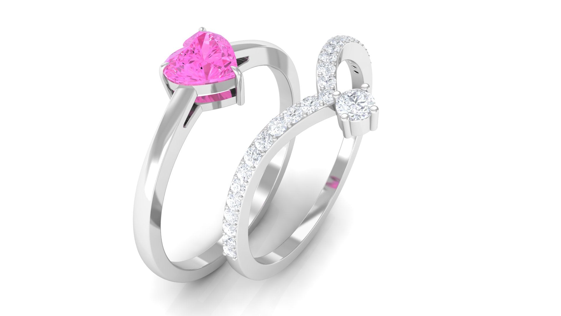 Heart Shape Pink Sapphire Stackable Ring Set with Diamond Pink Sapphire - ( AAA ) - Quality - Rosec Jewels