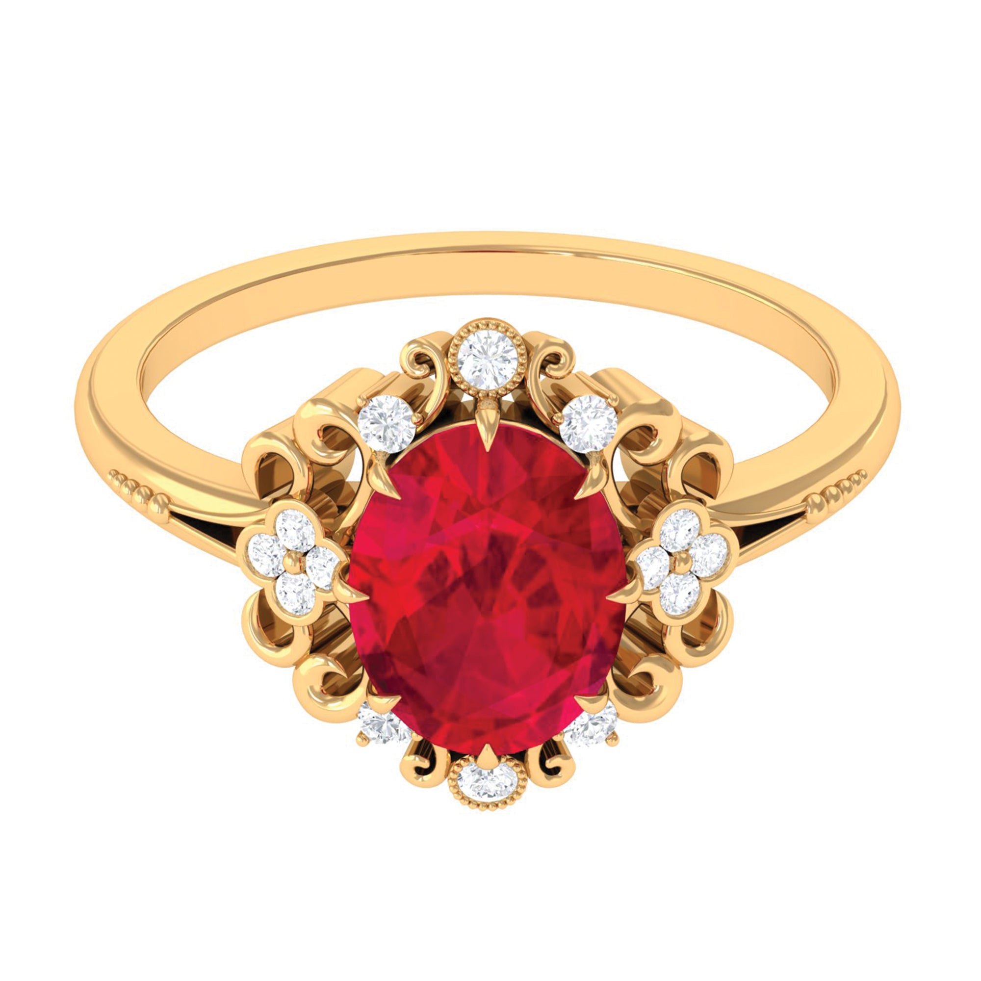 Certified Vintage Inspired Created Ruby Engagement Ring with Diamond Lab Created Ruby - ( AAAA ) - Quality - Rosec Jewels