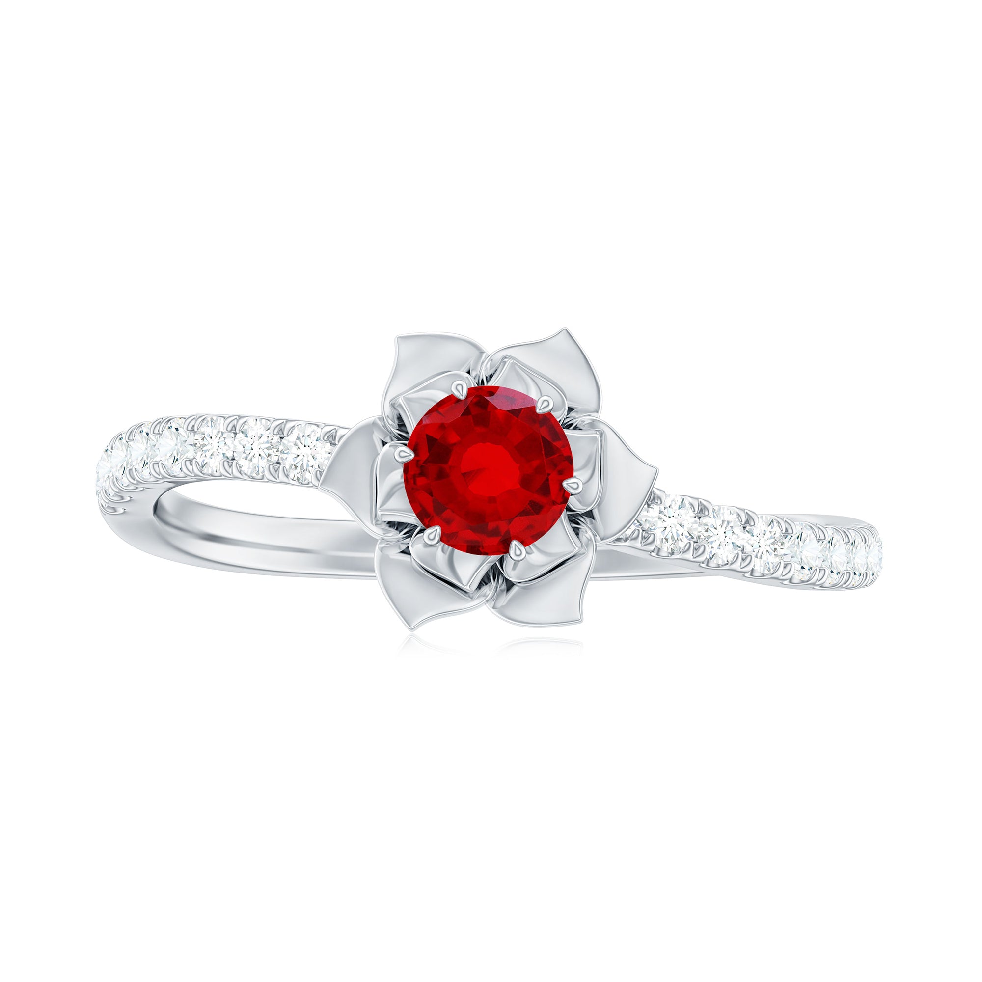 Lab-Created Ruby Flower Engagement Ring with Diamond Lab Created Ruby - ( AAAA ) - Quality - Rosec Jewels