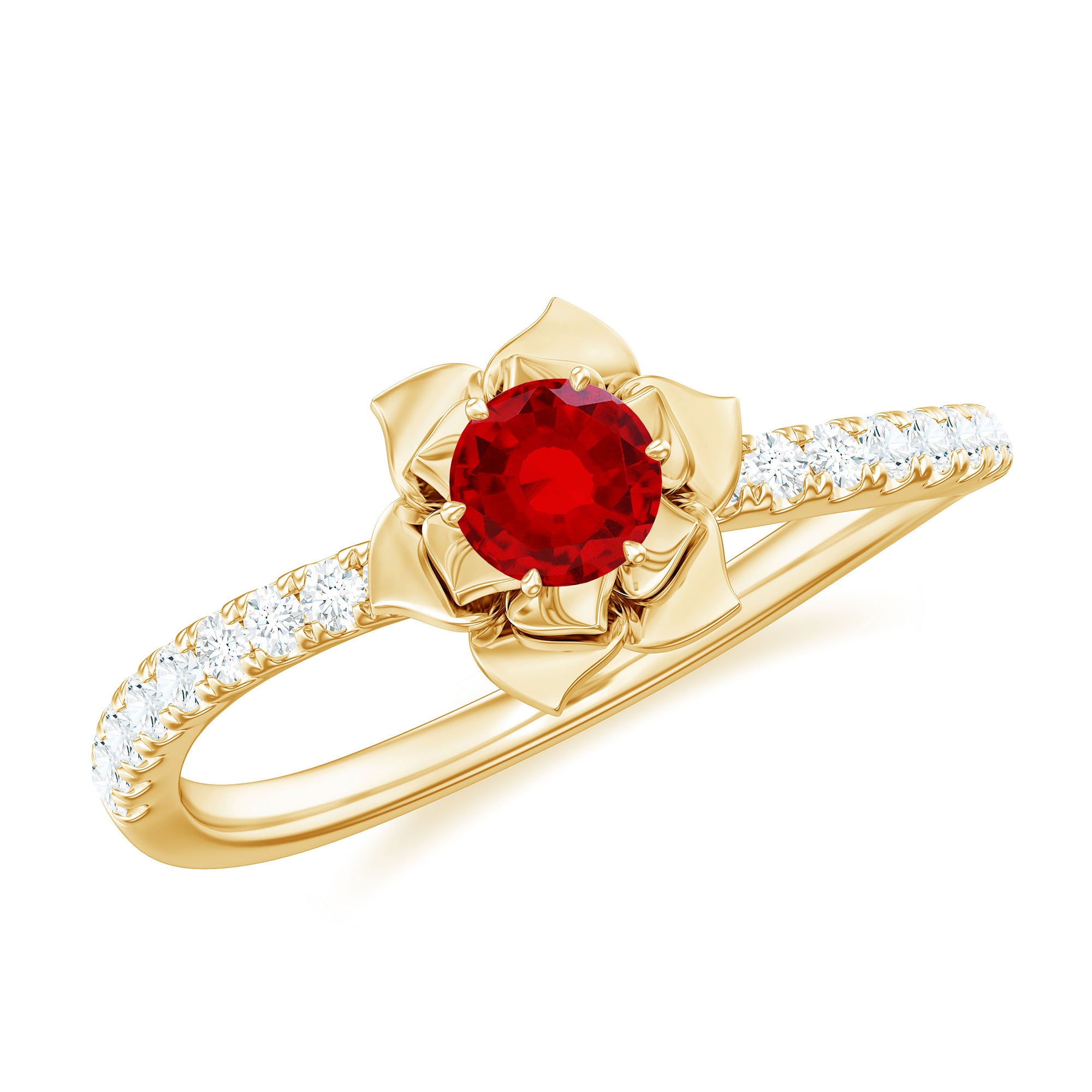 Lab-Created Ruby Flower Engagement Ring with Diamond Lab Created Ruby - ( AAAA ) - Quality - Rosec Jewels