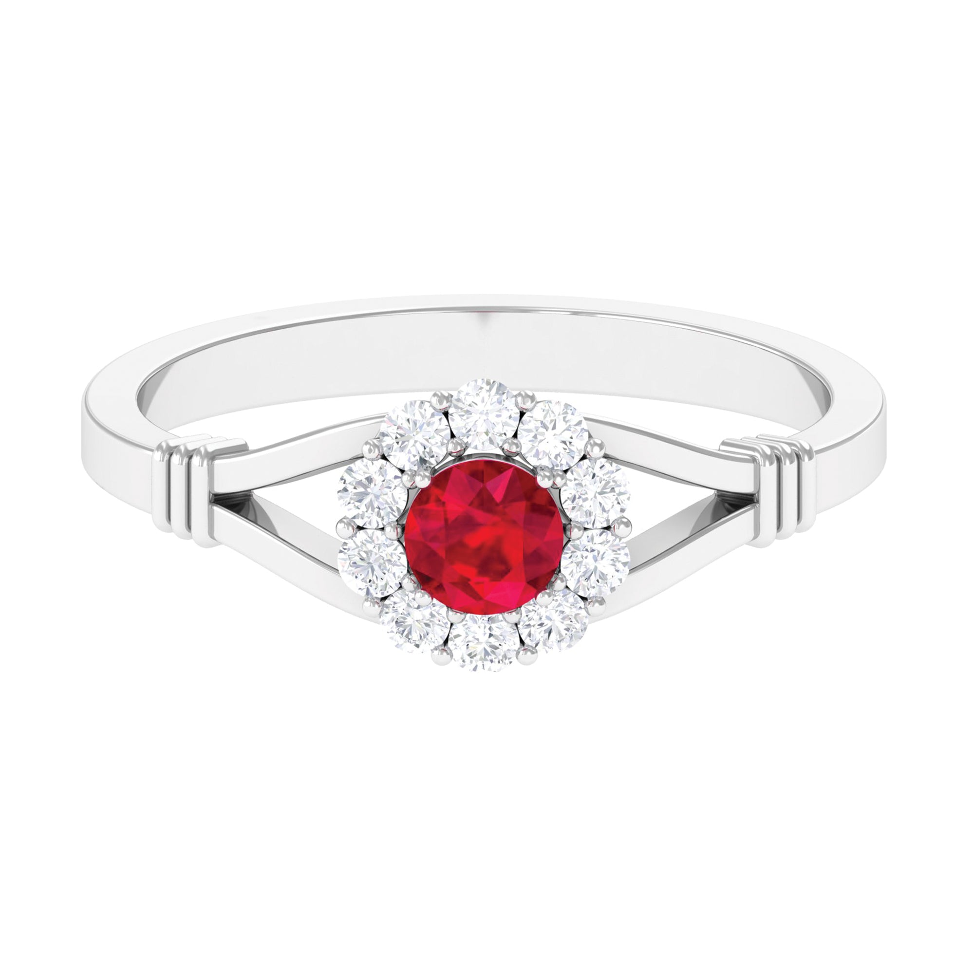 Lab Grown Ruby Split Shank Ring with Diamond Halo Lab Created Ruby - ( AAAA ) - Quality - Rosec Jewels