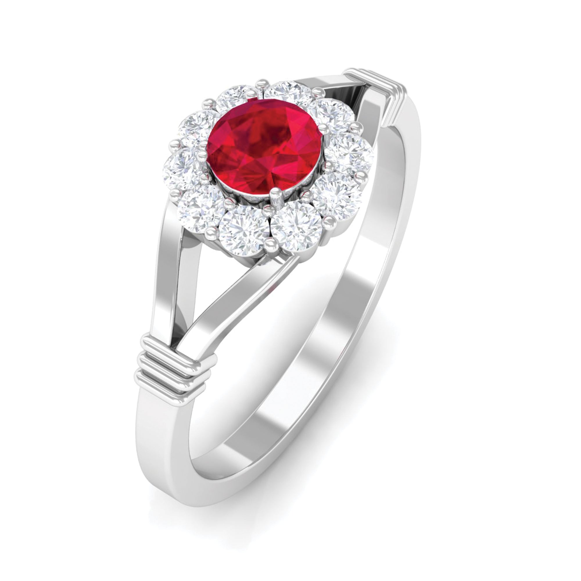 Lab Grown Ruby Split Shank Ring with Diamond Halo Lab Created Ruby - ( AAAA ) - Quality - Rosec Jewels