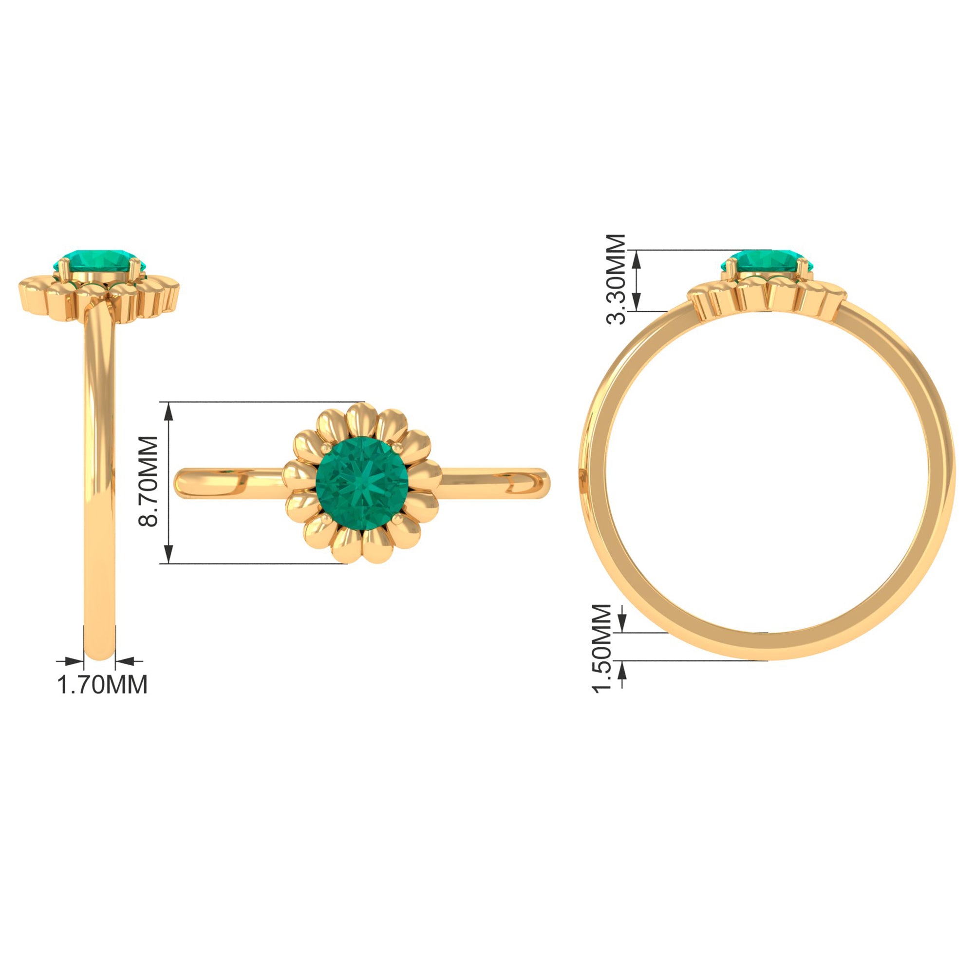 1/2 CT Round Cut Solitaire Emerald Gold Flower Ring Emerald - ( AAA ) - Quality - Rosec Jewels