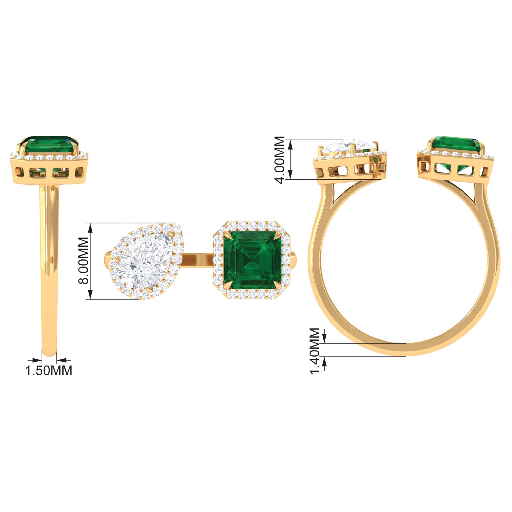 4 CT Created Emerald and Moissanite Two Stone Cuff Ring in Gold Lab Created Emerald - ( AAAA ) - Quality - Rosec Jewels