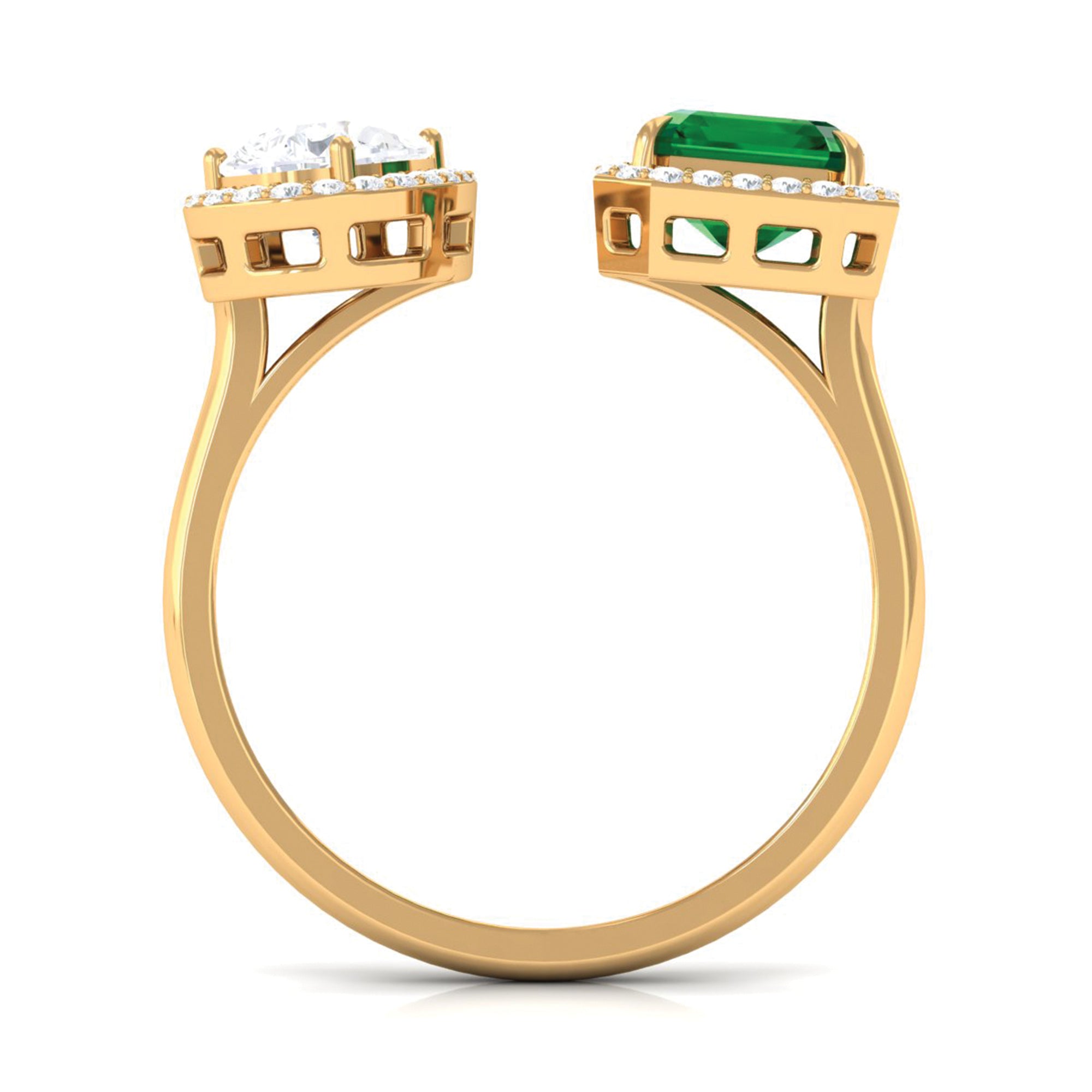 4 CT Created Emerald and Moissanite Two Stone Cuff Ring in Gold Lab Created Emerald - ( AAAA ) - Quality - Rosec Jewels