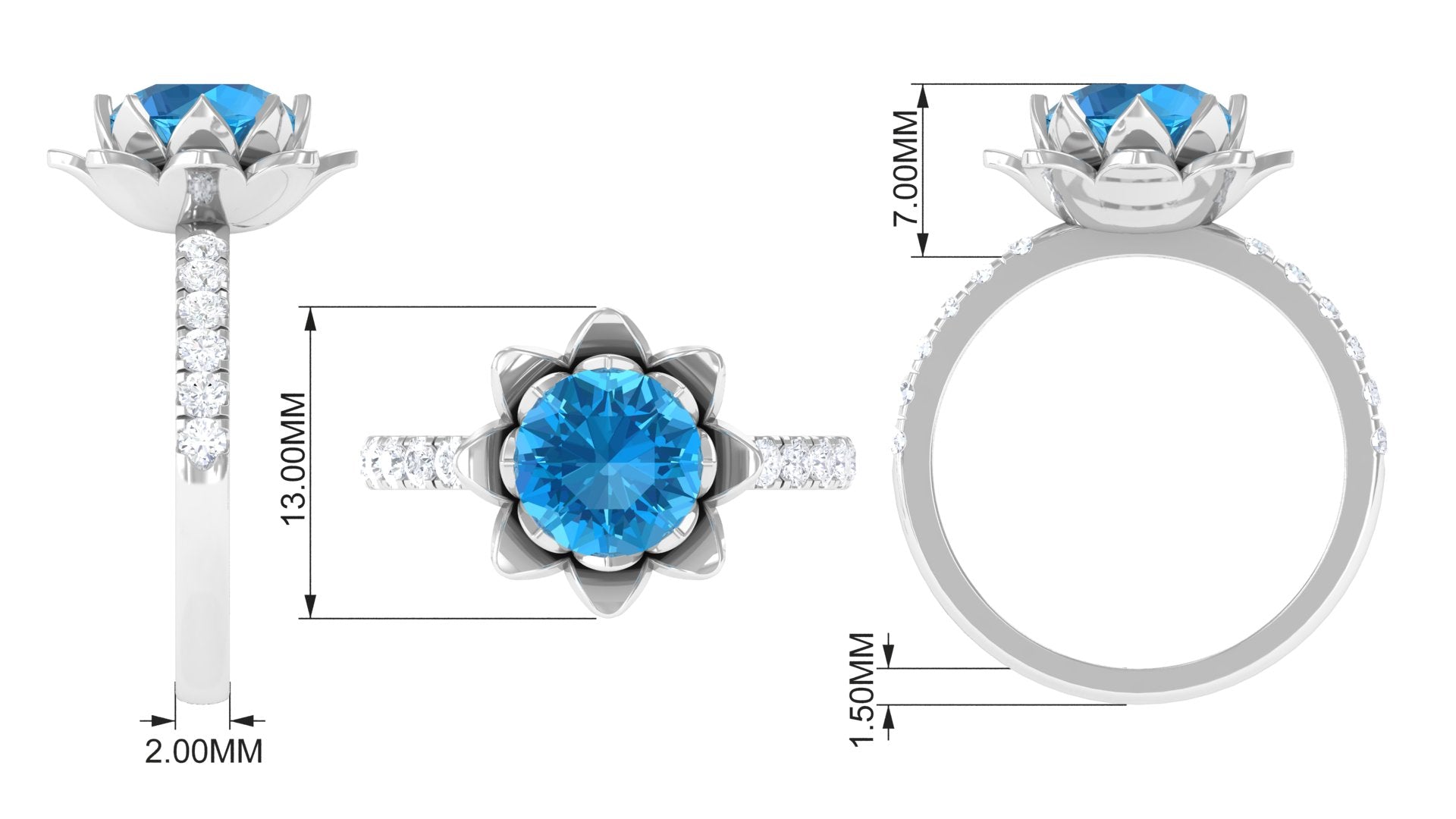 2.75 CT Swiss Blue Topaz Floral Ring with Moissanite Accent Swiss Blue Topaz - ( AAA ) - Quality - Rosec Jewels