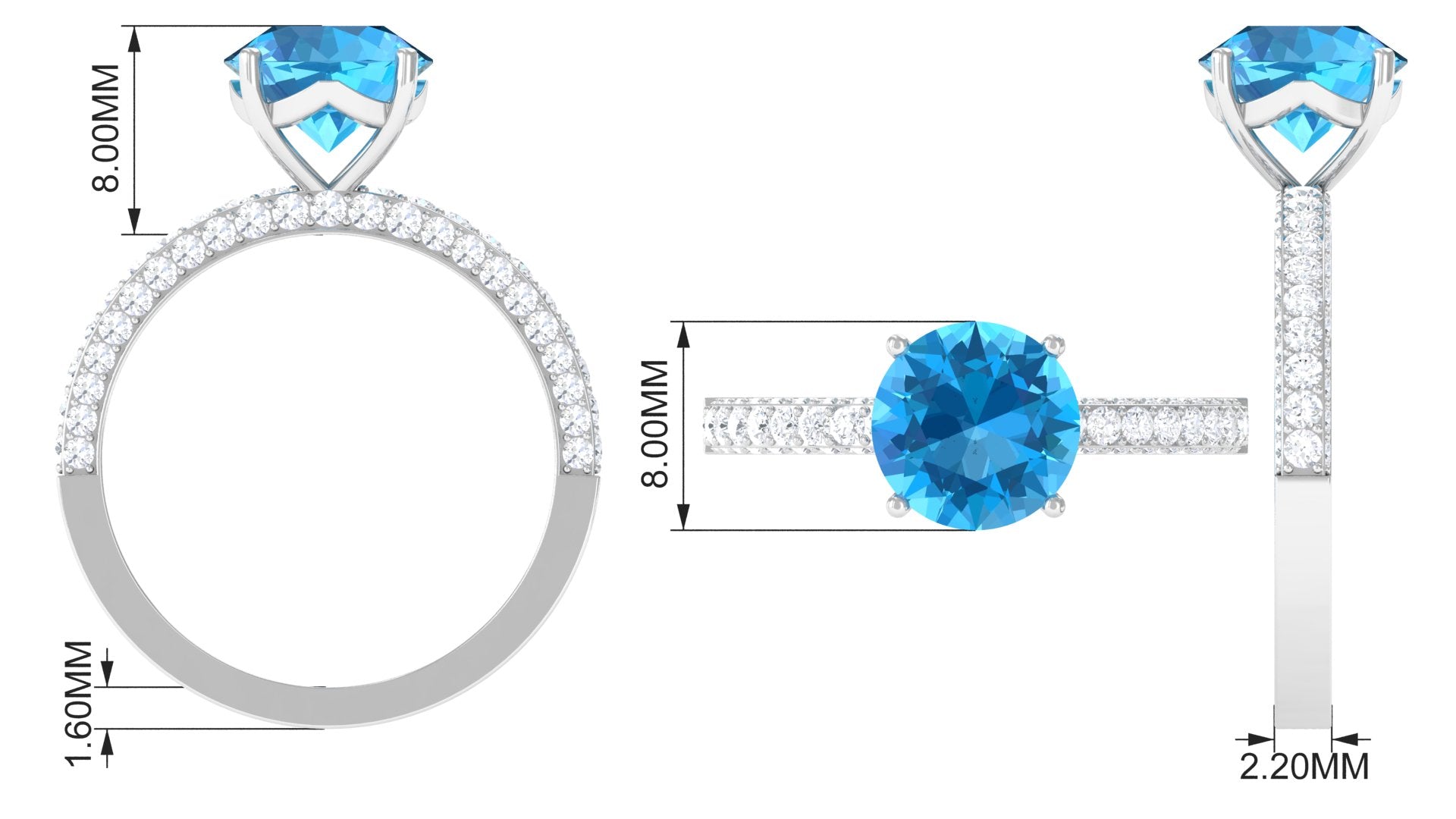 2.75 CT Round Cut Swiss Blue Topaz Solitaire Ring with Moissanite Side Stones Swiss Blue Topaz - ( AAA ) - Quality - Rosec Jewels