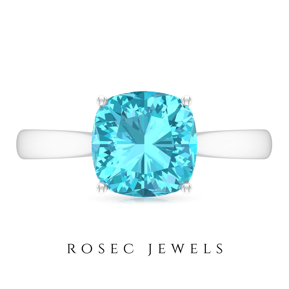 Cushion Cut Swiss Blue Topaz Solitaire Engagement Ring with Surprise Diamond Swiss Blue Topaz - ( AAA ) - Quality - Rosec Jewels