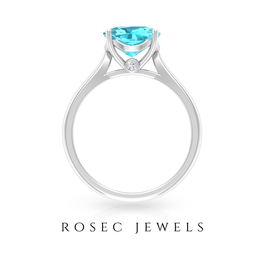 Cushion Cut Swiss Blue Topaz Solitaire Engagement Ring with Surprise Diamond Swiss Blue Topaz - ( AAA ) - Quality - Rosec Jewels