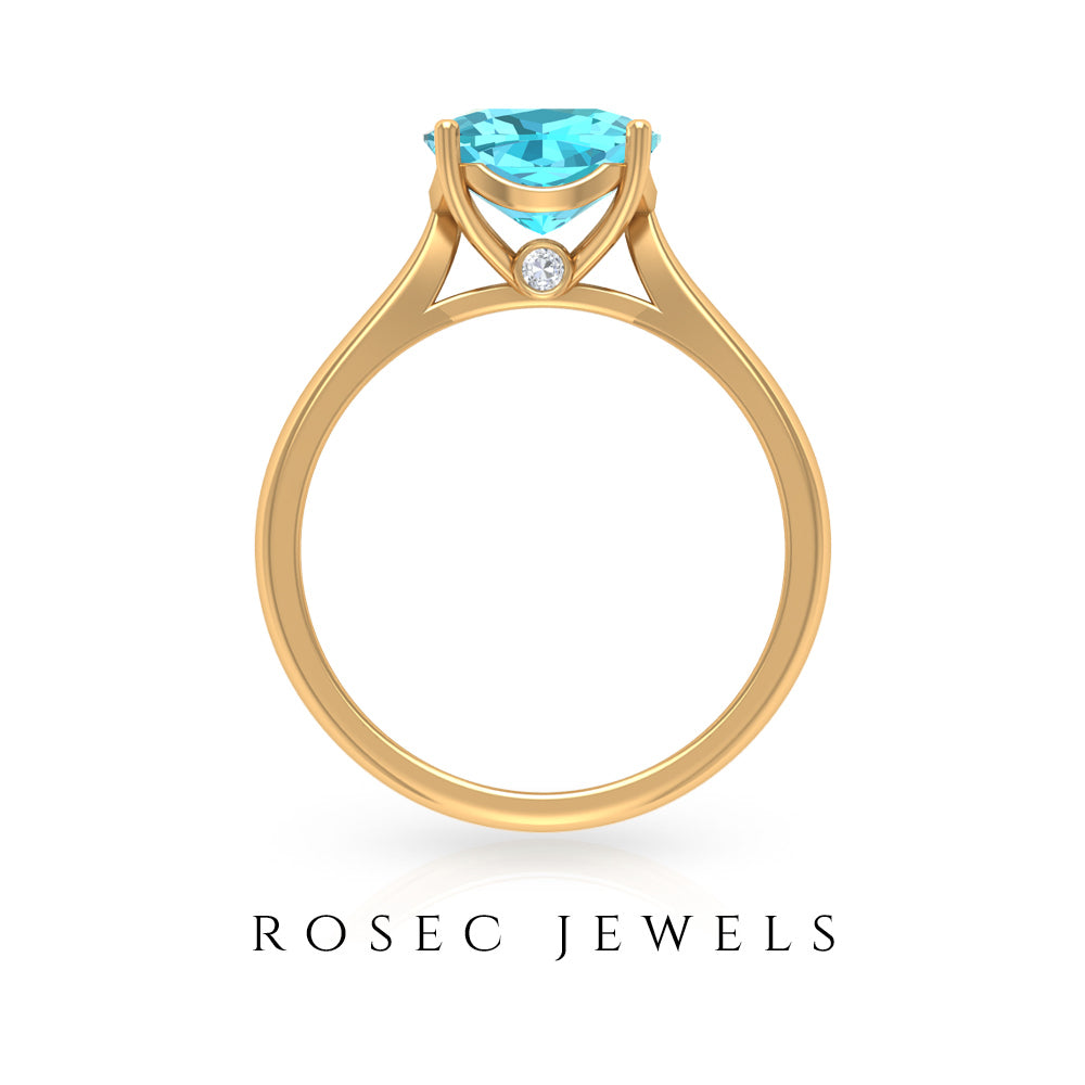 Cushion Cut Swiss Blue Topaz Solitaire Engagement Ring with Surprise Diamond Swiss Blue Topaz - ( AAA ) - Quality - Rosec Jewels