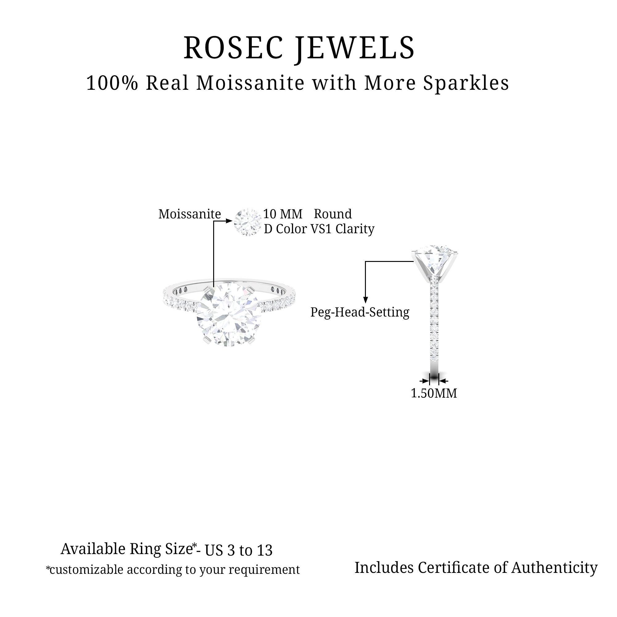 Round Moissanite Solitaire Engagement Ring with Side Stones Moissanite - ( D-VS1 ) - Color and Clarity - Rosec Jewels