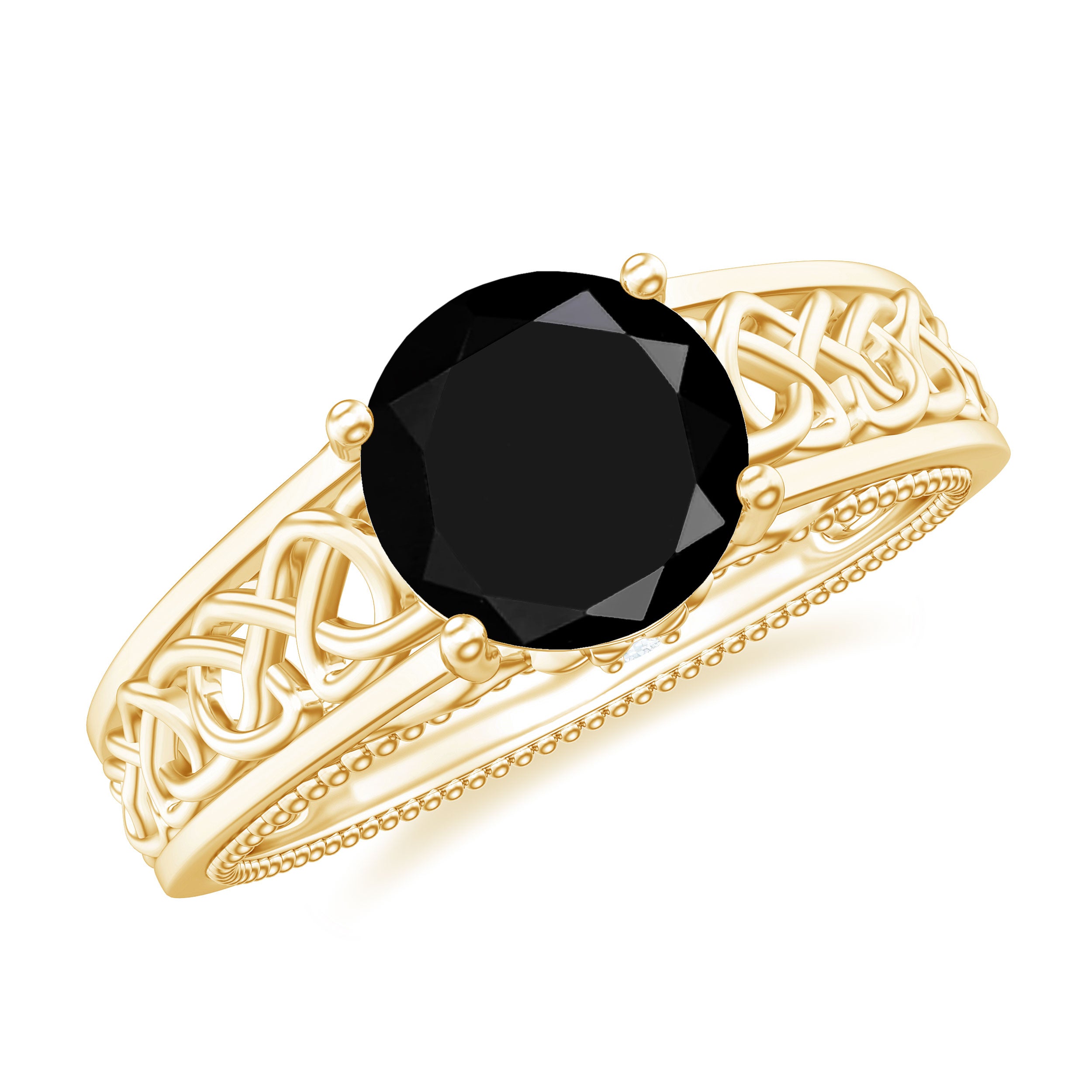 Vintage Style Black Onyx Celtic Knot Band Ring with Diamond Black Onyx - ( AAA ) - Quality - Rosec Jewels