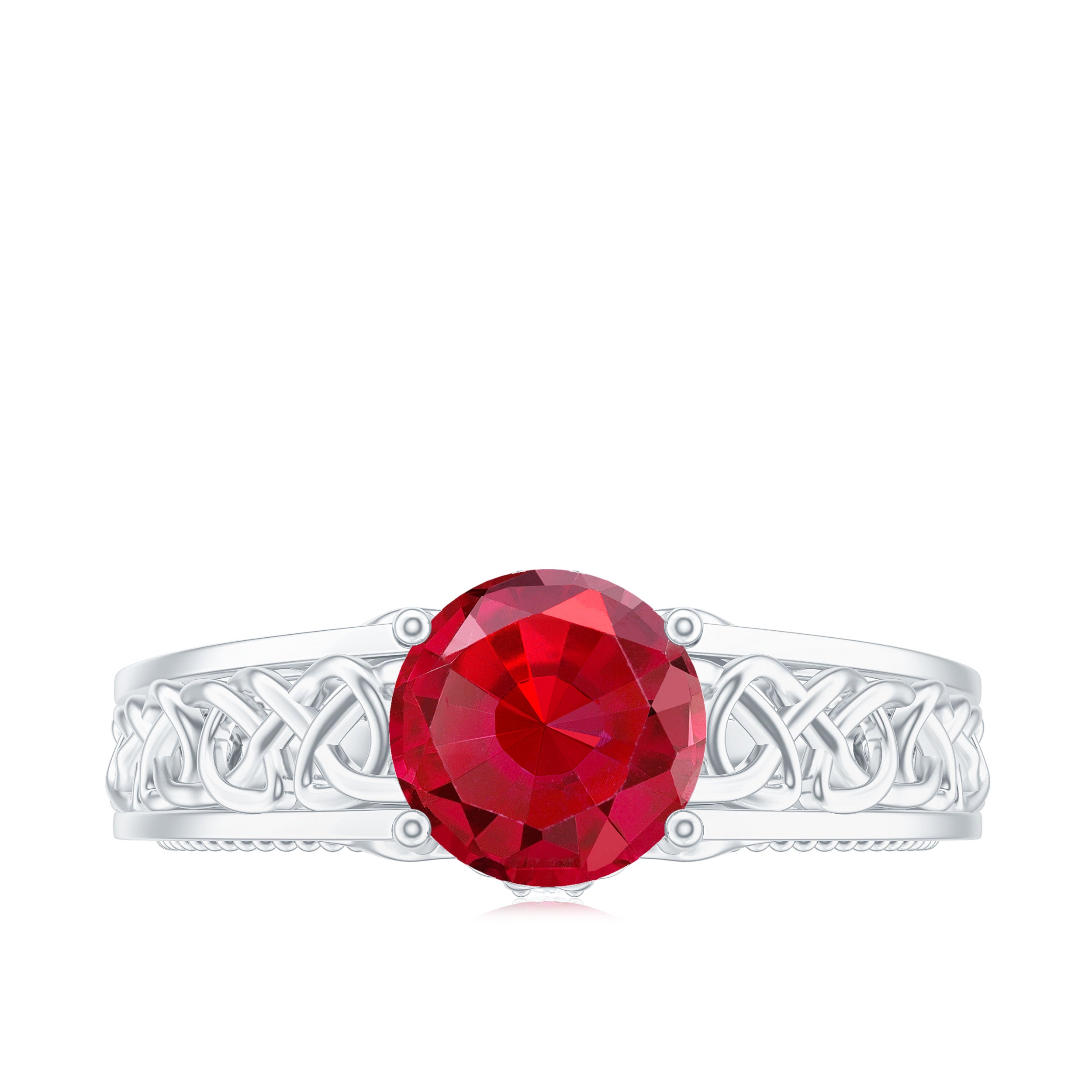 Vintage Style Created Ruby Celtic Knot Band Ring with Surprise Diamond Lab Created Ruby - ( AAAA ) - Quality - Rosec Jewels