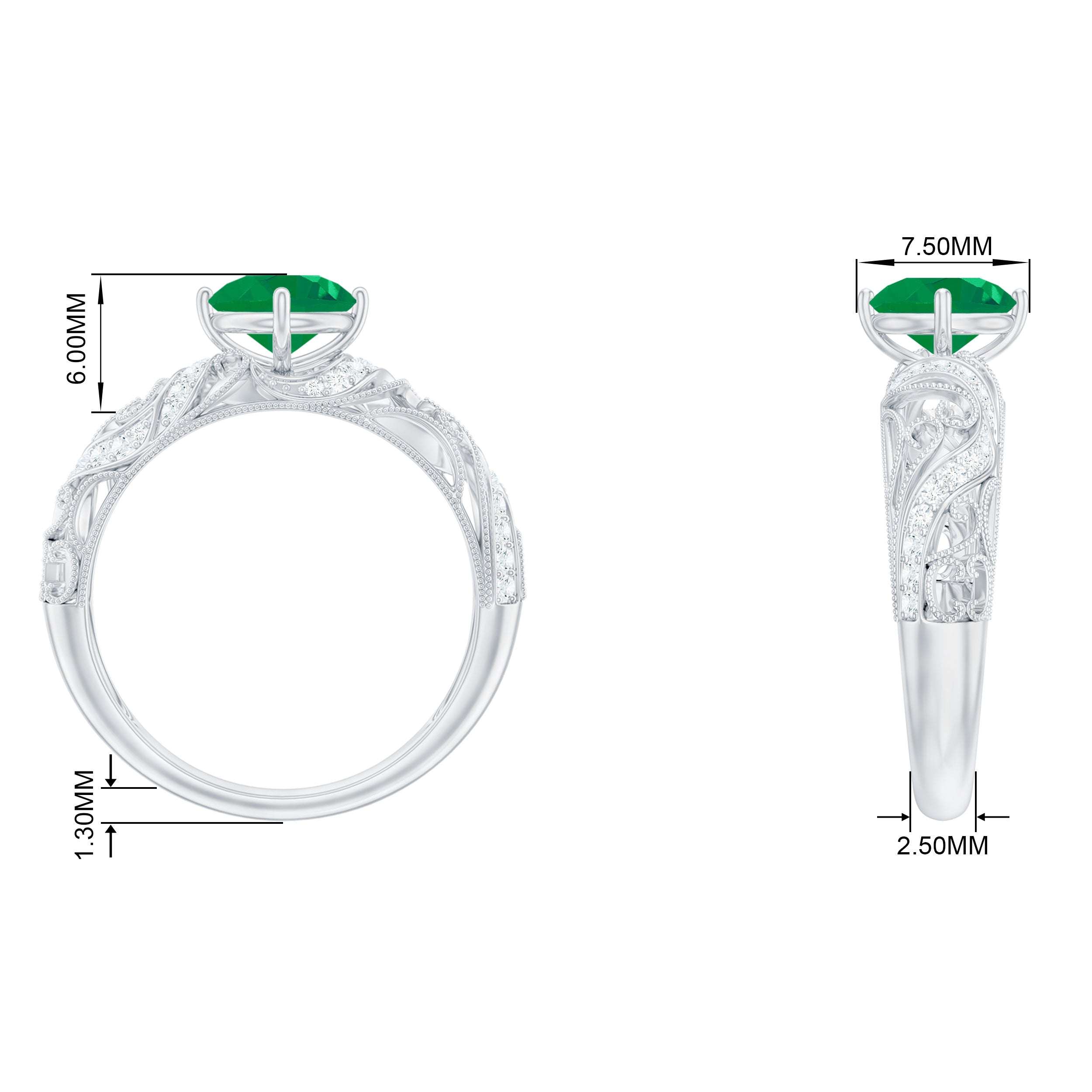 Round Emerald Vintage Inspired Engagement Ring with Diamond Emerald - ( AAA ) - Quality - Rosec Jewels