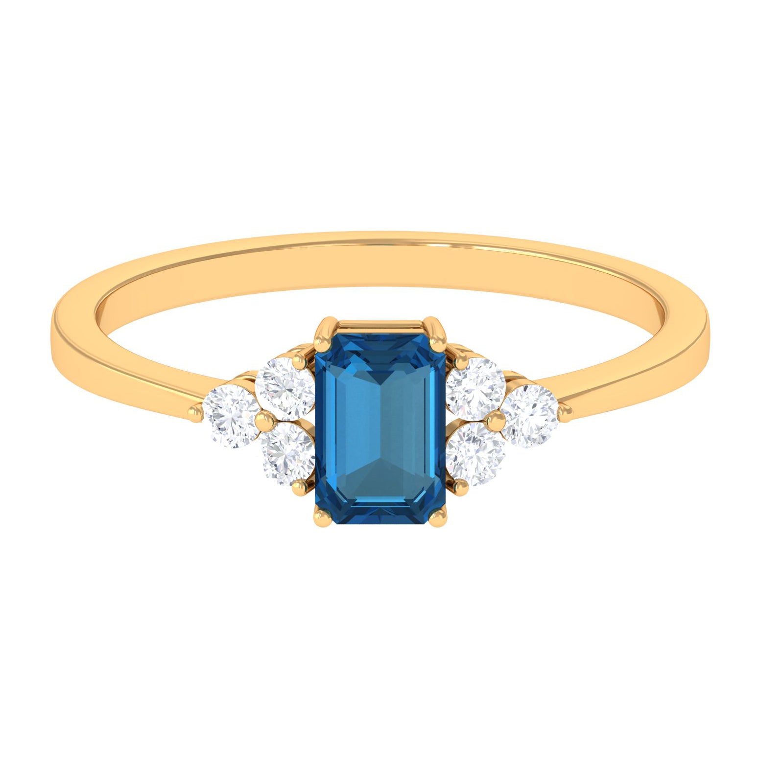 1 CT Emerald Cut London Blue Topaz Solitaire Ring with Diamond Trio London Blue Topaz - ( AAA ) - Quality - Rosec Jewels