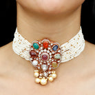 42 CT Diamond Polki Multi Gemstone Choker Necklace with Chid Bunches in Gold - Rosec Jewels